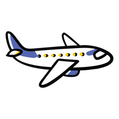 airplane with blue wings and yellow windows doodle travel aviation vector icon