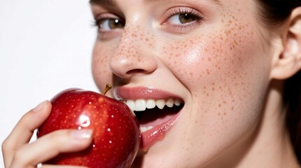 Young freckled woman smiling and about to bite a shiny red apple, close-up beauty portrait with clear skin and natural makeup on a white background