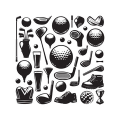 A Dense Arrangement of Black Silhouette Icons Related to Golf Equipment and Apparel golf club