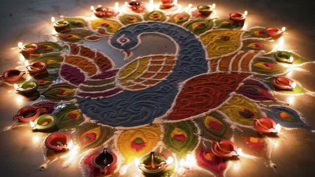 Colorful Rangoli Peacock Design Illuminated by Glowing Oil Lamps, Festive Celebration.