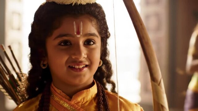 A young child dressed as a Hindu deity, holding a bow and arrow, smiling.