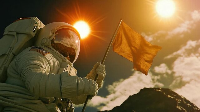 An astronaut holds a flag in a pose of triumph, likely on the moon or another planetary surface