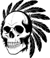 Obraz premium Intricate Skull Design with Feathers for Tattoo and Graphic Art