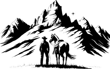 Cowboy Standing with Saddled Horse Looking at Rugged Mountain Landscape Western Scene for Tattoo Design