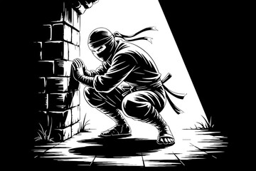 Stealthy Ninja Crouching Near Stone Wall in Shadow Intriguing Martial Arts Illustration Tattoo Design