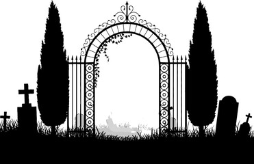 Spooky Gothic Cemetery Gate with Silhouettes of Headstones