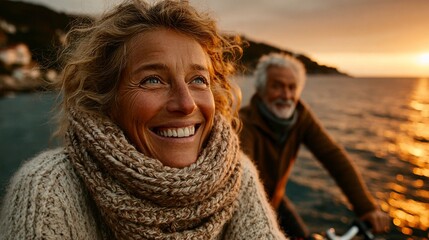 Romantic couple riding bicycle together at sunset by the sea, man and woman cycling on the beach, summer love, active lifestyle, seaside holiday, freedom and romance outdoors