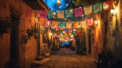 Festive evening ambiance of a decorated alleyway with traditional Mexican banners