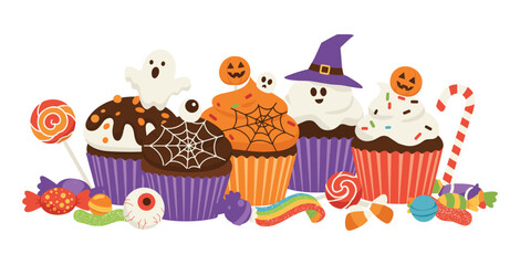Fototapeta premium Festive Halloween Cupcakes and Candy Parade Cute Dessert Treats