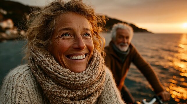 Romantic couple riding bicycle together at sunset by the sea, man and woman cycling on the beach, summer love, active lifestyle, seaside holiday, freedom and romance outdoors