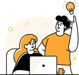 Illustration of Two People Working Together Brainstorming under Lightbulb Icon with Transparent Background