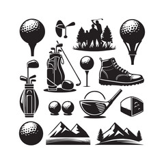 Assortment of black and white golf icons and silhouettes depicting equipment and scenic elements on a white background Keywords: golf, sport, equipment, icon, illustration, golf ball, golf club
