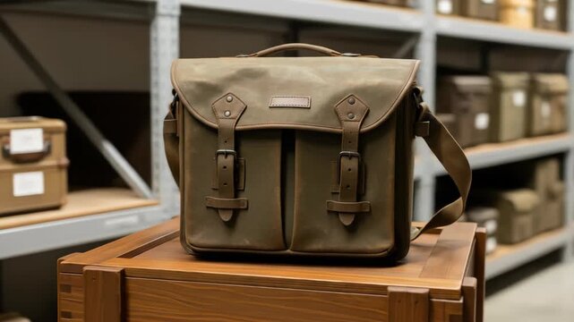 Vintage olive green canvas bag with strap on wooden crate with other bags in background, storage and classic style.