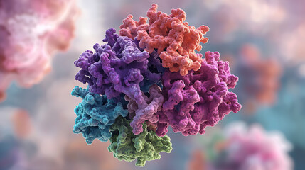 The 3D molecular visualization showcases a dynamic protein complex in vibrant colors, representing molecular biology or biochemistry at the atomic level with semi-transparent surfaces and bubble-like 