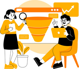 Two People Analyzing Data With Funnel Chart and Laptop Against Transparent Background