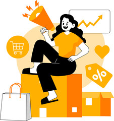 Woman Announcing With Megaphone Sitting On Boxes And Shopping Bag Transparent Background