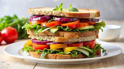 Stacked Vegetable Sandwich on White Plate
