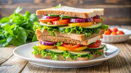 Stacked Vegetable Sandwich on White Plate
