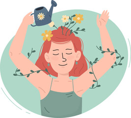 Woman Nourishing Growth with Water Can Surrounded by Floral Vines against Teal Background