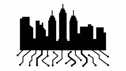 Fototapeta premium Futuristic cityscape silhouette with integrated circuit design, representing technology, innovation, and smart city concepts for modern branding