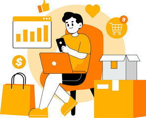 Young Man Working Online With Orange Laptop And Smartphone With Shopping Cart And Parcel Boxes On Transparent Background
