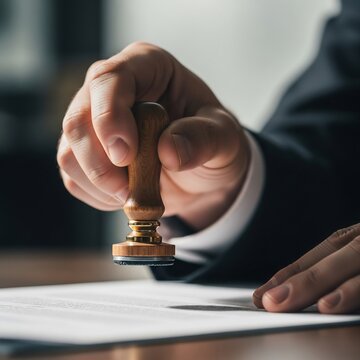 A hand holding a wooden stamp over a document ready to be stamped in a formal setting close up view