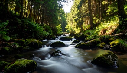 Fototapeta premium Serene stream flows through lush forest, sunlight dappling the mossy rocks