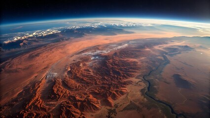 The image is a stunning aerial view of a desert landscape meeting the earth's atmospheric