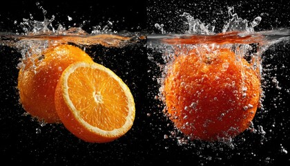 Two oranges, one sliced, submerged and splashing in water