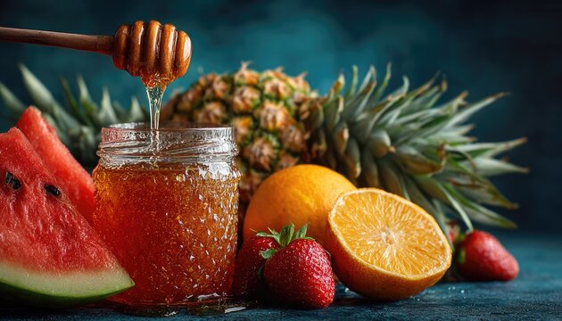 Honey drips from wooden dipper into a jar, surrounded by fresh tropical fruits - Powered by Adobe