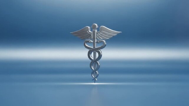 Silver caduceus symbol representing medicine against a soft blue gradient background, ideal for healthcare themes