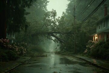 Fallen Tree Blocking a Wet Street After a Storm in a Residential Neighborhood
