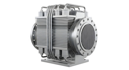 Industrial Jet Engine Turbine with Metal Components and Pipes in White Background