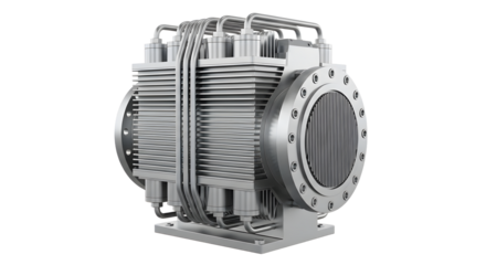 Industrial Jet Engine Turbine with Metal Components and Pipes in White Background