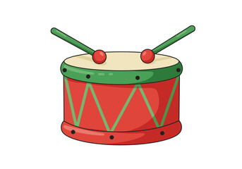 Festive Red Drum with Green Accents and Drumsticks.