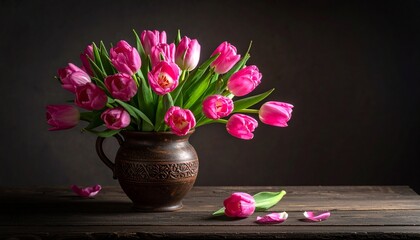 Naklejka premium 어두운 배경의 빈티지 꽃병 속 분홍 튤립 부케 Pink Tulip Bouquet in Vintage Vase on Dark Background