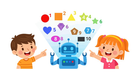 Happy children interacting with a friendly robot projecting educational shapes and numbers for early learning and development