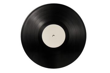 Obraz premium Black vinyl record with blank white label for custom text, featuring classic analog sound, isolated on transparent background