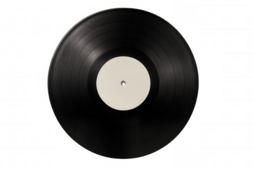 Black vinyl record with blank white label for custom text, featuring classic analog sound, isolated on transparent background