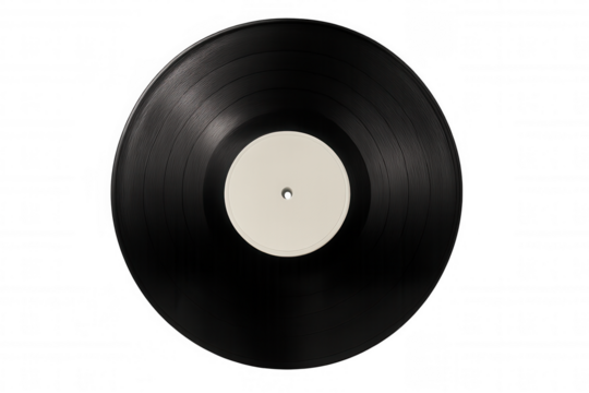 Black vinyl record with blank white label for custom text, featuring classic analog sound, isolated on transparent background