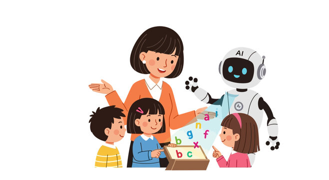 Innovative classroom scene with a female teacher and an AI robot co-teaching young children the alphabet on a digital tablet