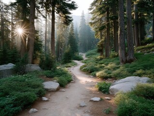 Obraz premium Sunlit Forest Trail Winding Through Lush Green Vegetation and Towering Trees