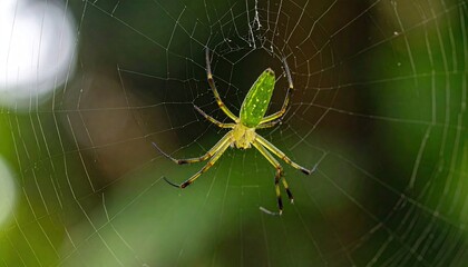 Vibrant Green Spider Resting in an Ornate Dew Covered Web in Lush Green Forest Setting