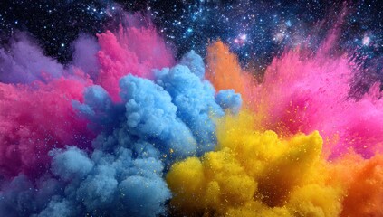A vibrant explosion of colorful powder bursts against a backdrop of starry night, showcasing a dynamic interplay of hues.
