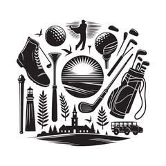 Circular Composition of Golfing Elements and Scenic Imagery with a Lighthouse and Village sport