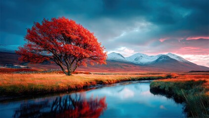 A tranquil autumnal landscape, featuring a vibrant crimson tree reflected serenely in a placid river, nestled amidst rolling hills capped with snow-dusted peaks under a dramatic sky.