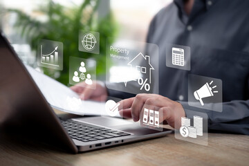 Property Management Concept, Businessman Managing Real Estate Assets, Rental Investment, Building Maintenance, Financial Plan, Tenant Services, Housing Market Strategy, Real Estate Development