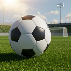 Fototapeta premium Soccer Ball on Green Grass Field with Goal Post and Stadium Lights Under Blue Sky