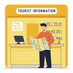 Man studies a map at tourist info; yellow-toned, minimalist illustration