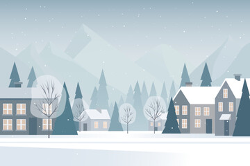 Christmas town, winter village in snowy weather. Winter cityscape with forest and mountains in the background. Winter suburbs. Vector illustration for design and backgrounds.